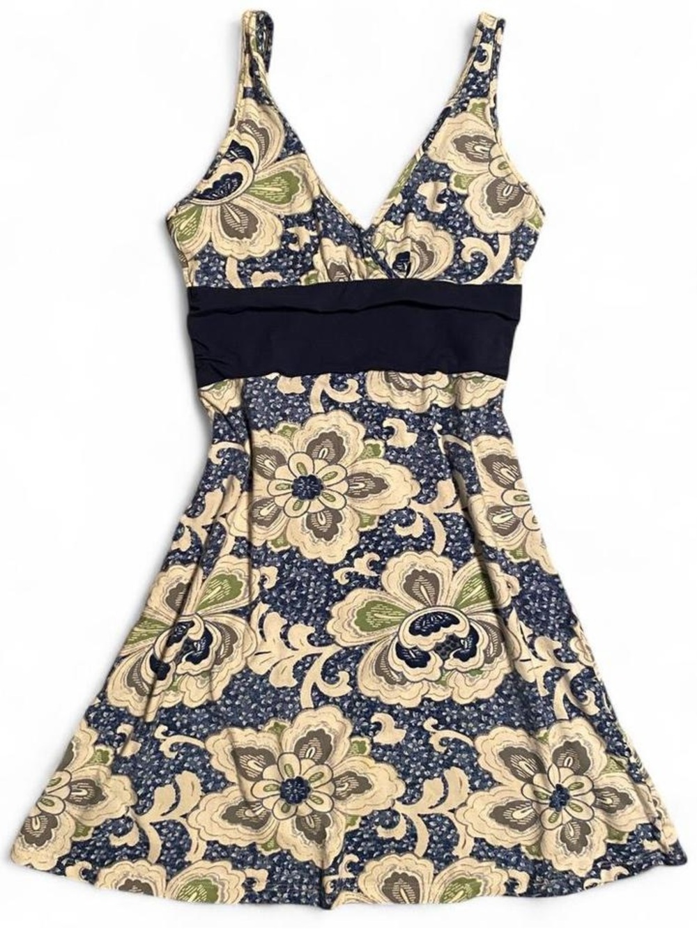 Patagonia Cream and Navy Floral Mini Dress with Green Accents